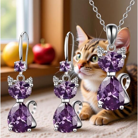 Purple Crystal Cat Earrings & Necklace Jewelry Set - Picture 2 of 4